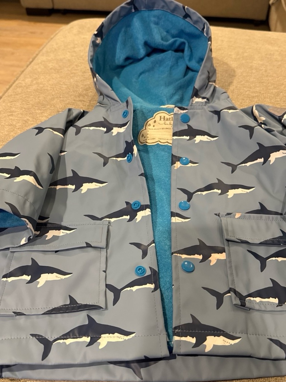 Hatley Grey Shark-Print Kids Raincoat with Blue Lining